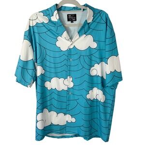 Steady Hands Blue Cloud Print Camp Collar Button Up Shirt Mens 2XL Anime style